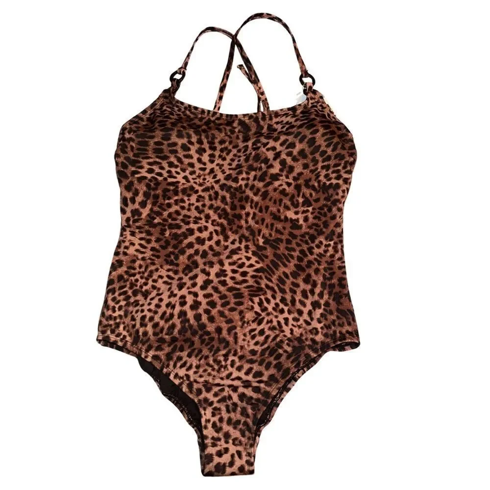 NWTs Time and Tru Leopard Double Ring Strap One Piece Swimsuit Size Large